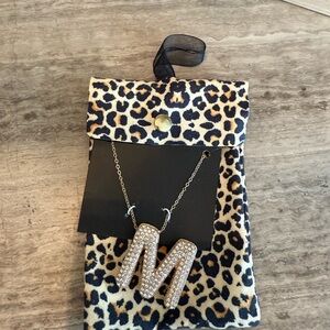 Rhinestone Initial 'M' Necklace with Leopard Pouch